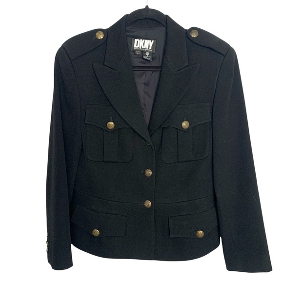 Vintage 90s DKNY Military Black Blazer Epaulets Wool Twill Crested Buttons 1990s - Picture 1 of 11